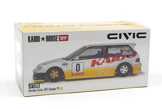 1:64 Diecast Model Car Compatible with Kaido House x Mini GT Honda Civic (EF) Kanjo V1 White/Yellow Limited Edition KHMG139