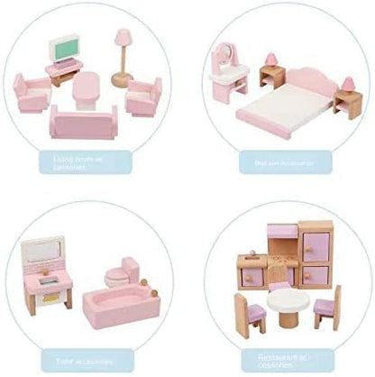 Wooden Doll House Playset Comes with A Furniture Pieces to Decorate The Interior | Miniature Pretend Play House