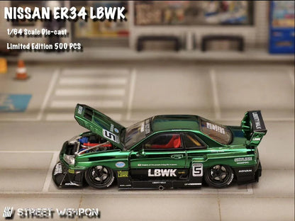 Street Weapon LBWK Nissan Skyline ER34 R34 Green Chrome 1:64 Scale Model
