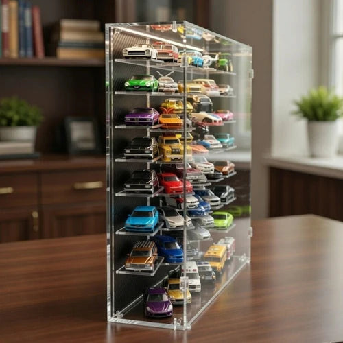Cocoland Toys side view of acrylic LED display case for diecast cars
