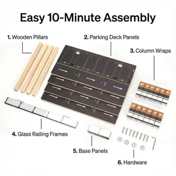 Cocoland Toys 4-level toy car parking garage playset assembly components and instructions