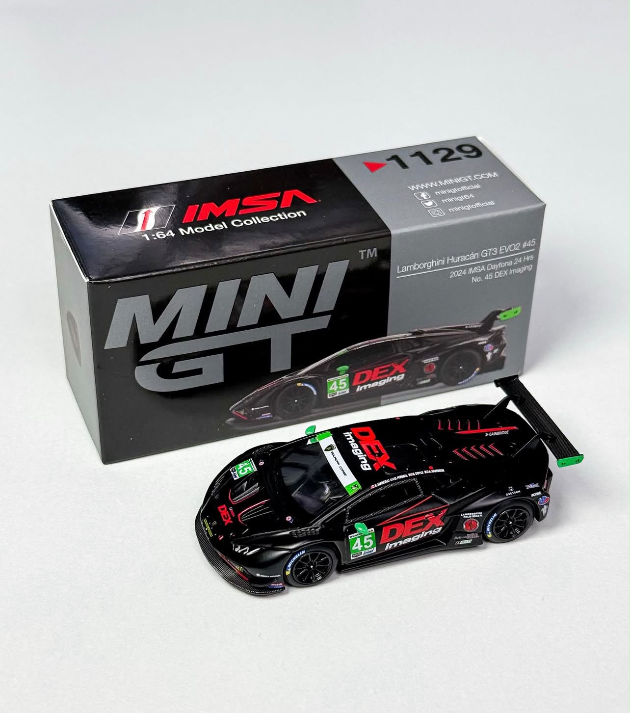 MINI GT Lamborghini Huracán GT3 EVO2 #45 No. 45 DEX Imaging  2024 IMSA Daytona 24 Hrs 1:64 Scale Die Cast Car