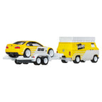 Cocoland Toyz Hot Wheels BMW M3 race car with HW Rally Hauler transport truck die-cast vehicle set back view