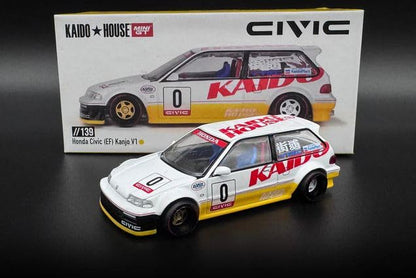 1:64 Diecast Model Car Compatible with Kaido House x Mini GT Honda Civic (EF) Kanjo V1 White/Yellow Limited Edition KHMG139
