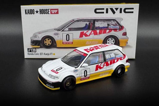 1:64 Diecast Model Car Compatible with Kaido House x Mini GT Honda Civic (EF) Kanjo V1 White/Yellow Limited Edition KHMG139