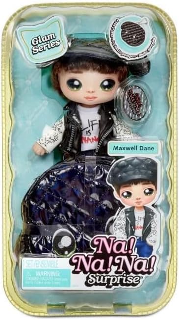 Na Na Na Surprise Glam Series Maxwell Dane Fashion Doll and Metallic Puppy Purse, Brunette Hair, Cute Dog Ear Hat Outfit & Accessories, 2-in-1 Gift for Kids, Toy for Girls and Boys