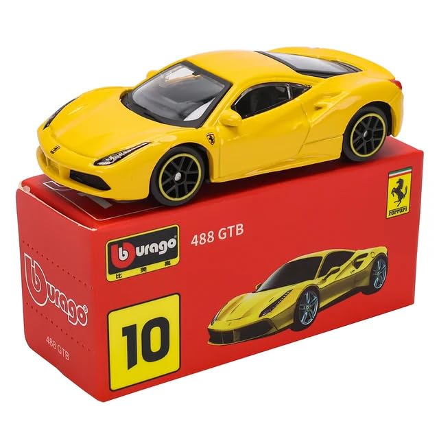 Bburago Ferrari 488 GTB Yellow 1:64 diecast model on red display box Cocoland Toys
