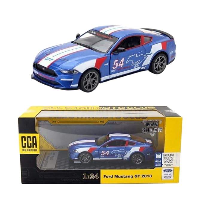 CCA 1:34 Ford Mustang GT 2018 Die-Cast Car with Openable Hood & Doors, Lights and Sound Toy Vehicle for Kids (Blue)