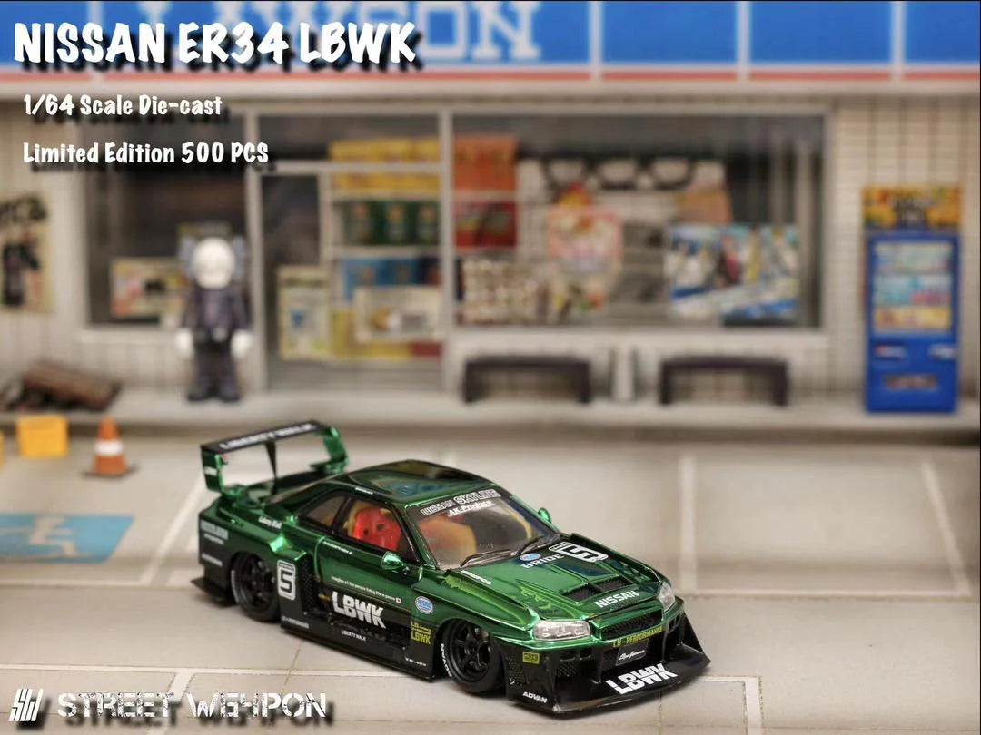 Street Weapon LBWK Nissan Skyline ER34 R34 Green Chrome 1:64 Scale Model
