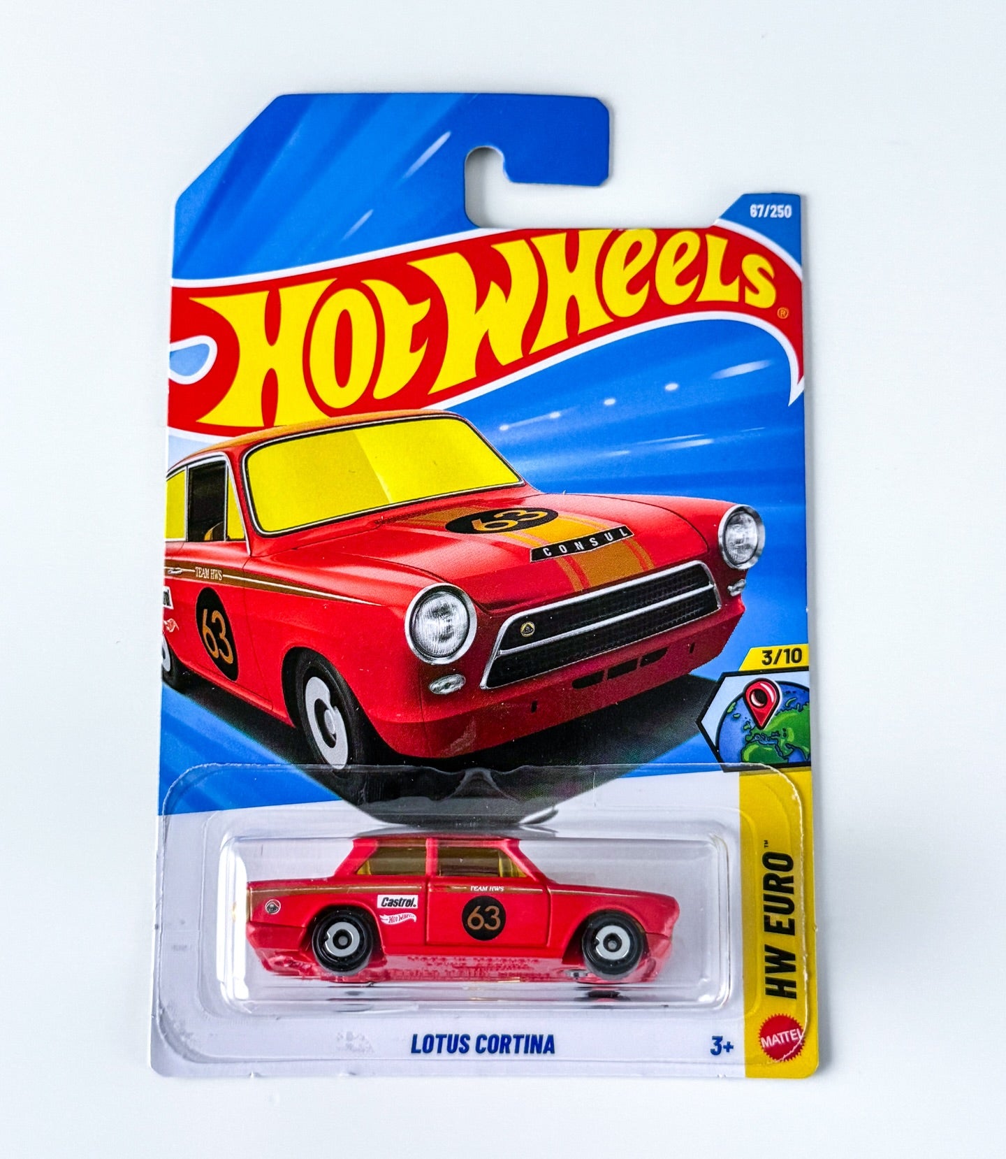 Cocoland Toyz Hot Wheels Lotus Cortina collectible die-cast car featuring classic racing graphics and vintage performance car styling