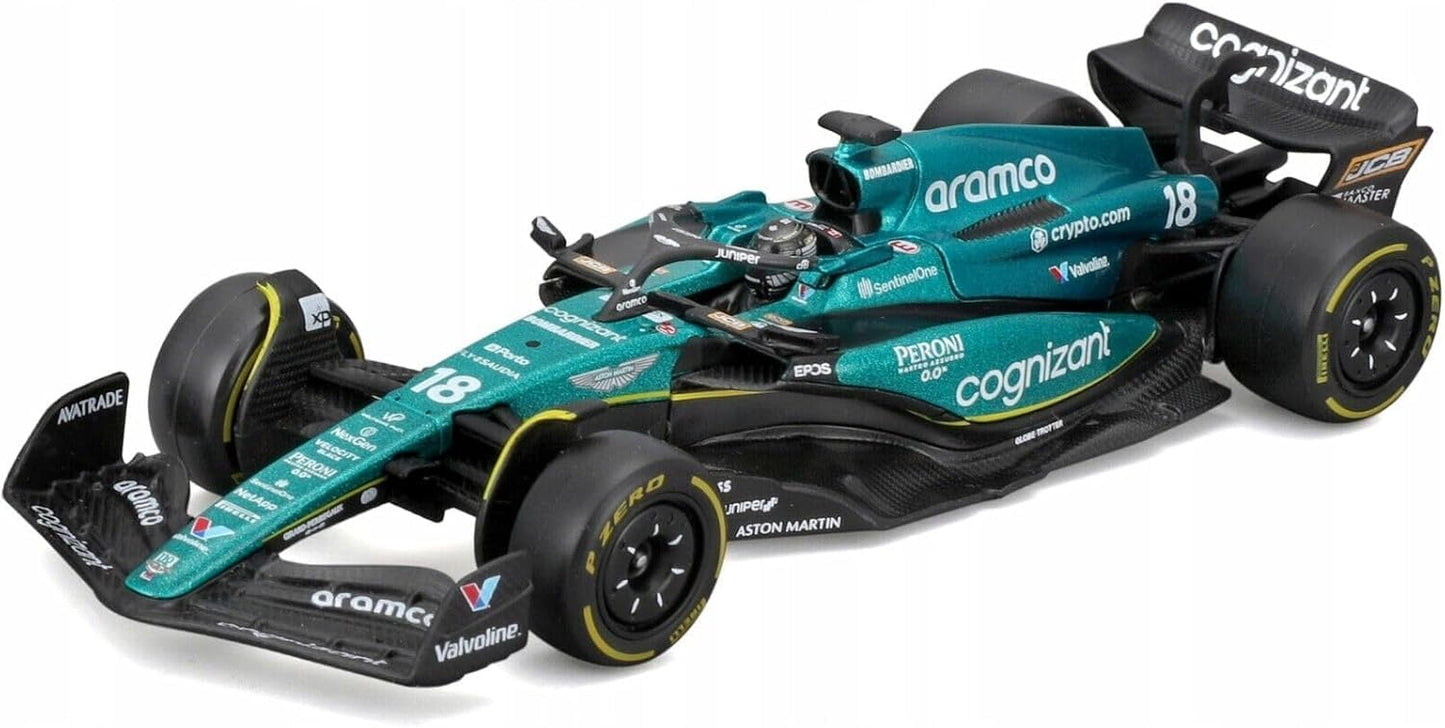 Bburago - 1/43 Scale Model Compatible with Aston Martin AMR23 F1# 18 Compatible with Lance Stroll 2023 Racing Car Miniature Model