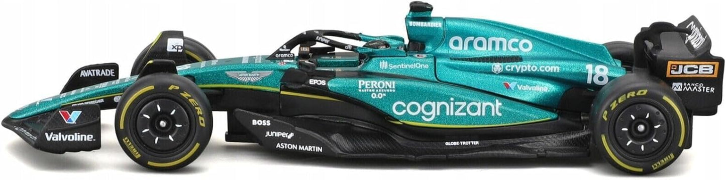 Bburago - 1/43 Scale Model Compatible with Aston Martin AMR23 F1# 18 Compatible with Lance Stroll 2023 Racing Car Miniature Model