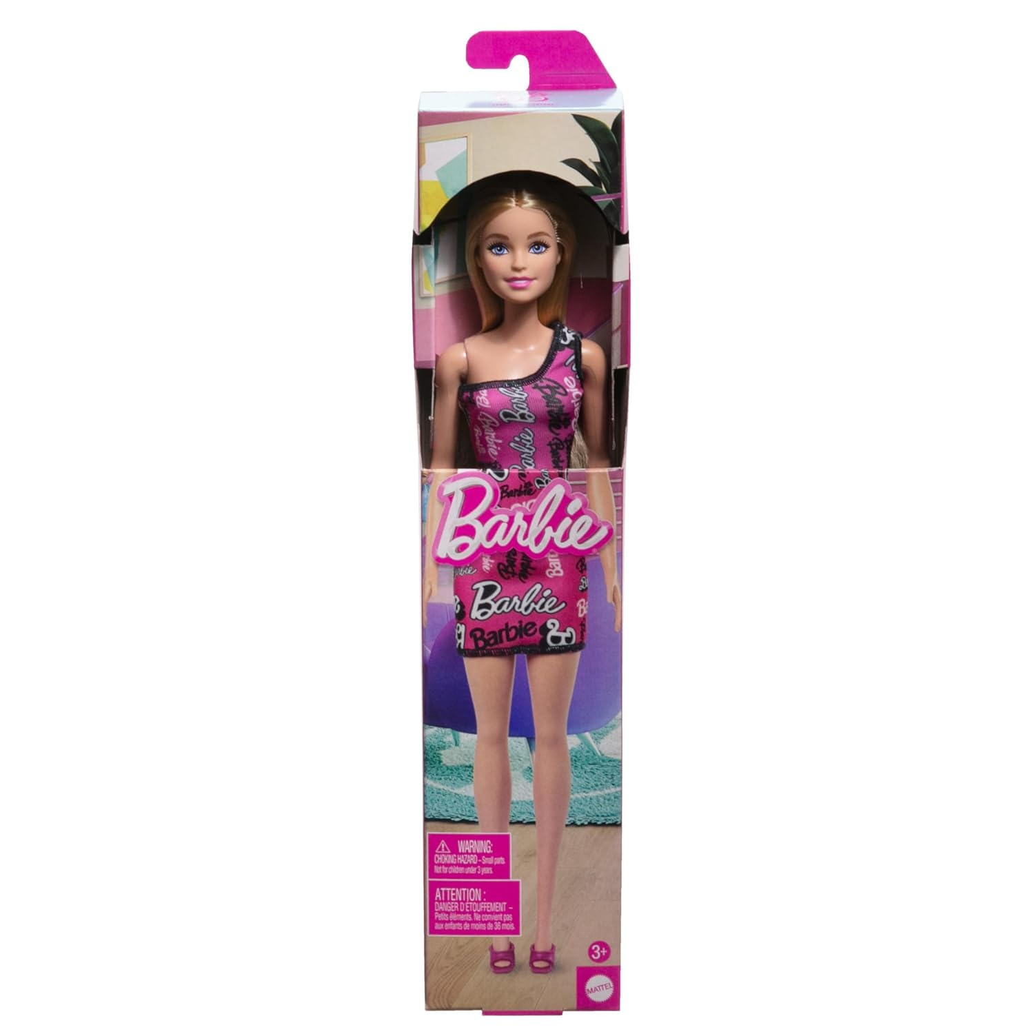 Barbie Fashion Doll with Straight Blonde Hair Wearing Removable Pink One-Shoulder Dress & Shoes