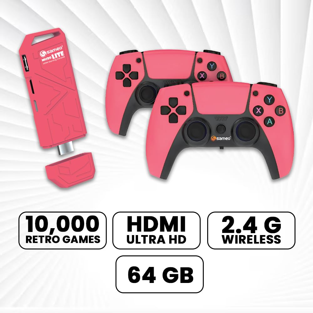 Sameo Micro Lite HDMI Gaming Console ,Game Stick, Video Games, Console Built -in 10000 Retro Games Dual Player- 4K Ultra HD Wireless TV Game Stick,Video Game for Kids (Red)