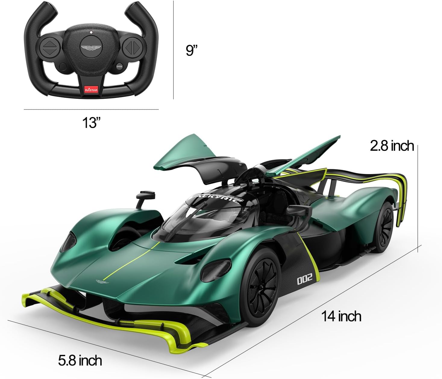 Aston Martin Valkyrie AMR Pro RC car showing dimensions and steering wheel controller Cocoland Toys