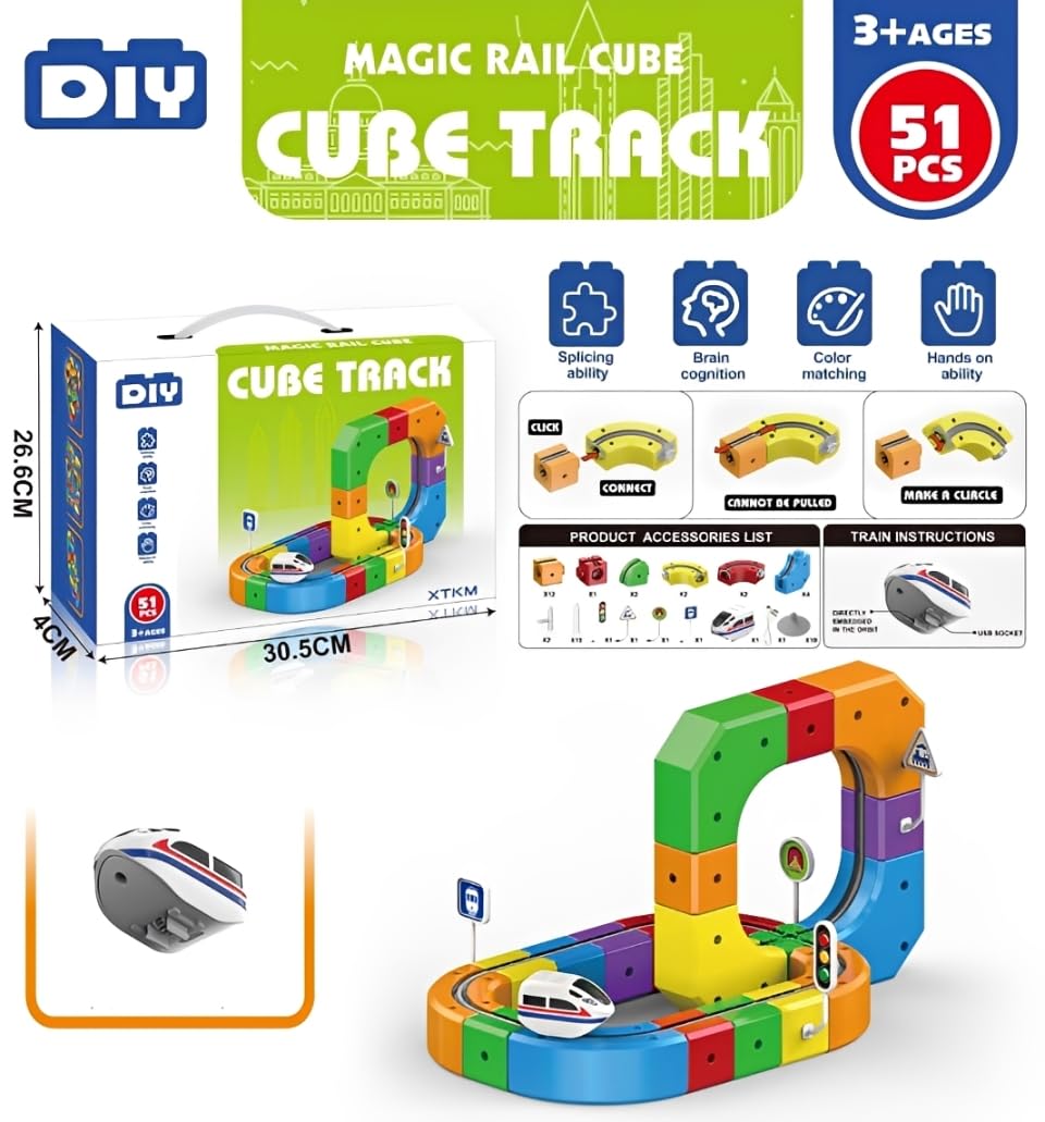 DIY Cube Track Magic Rail Train Set,Educational Building Track Toy for Kids Ages 3+(51 Pcs Block Set)