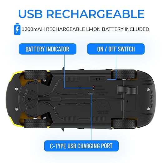Mirana Tracer RC car underside with USB rechargeable battery system Cocoland Toys
