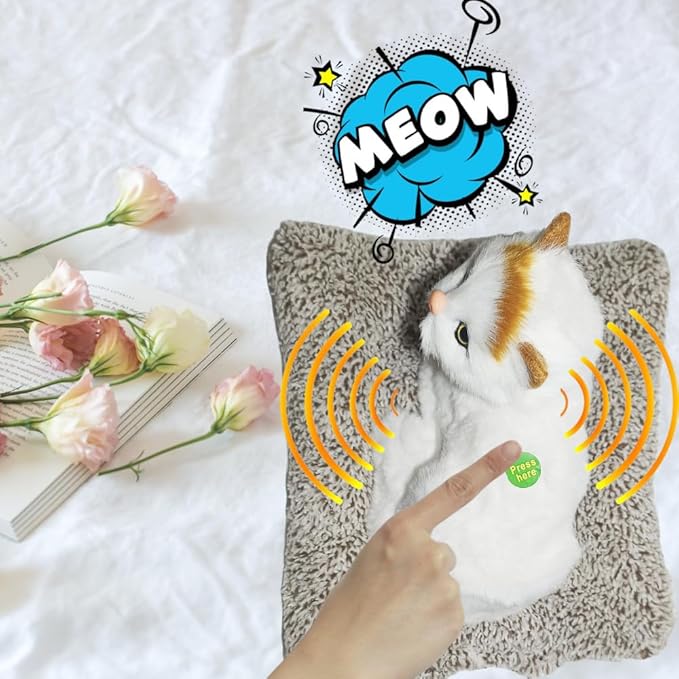 Plush Cat Toy with Meow Sound, White and Brown Persian Cat, Soft Stuffed Animal with Pillow