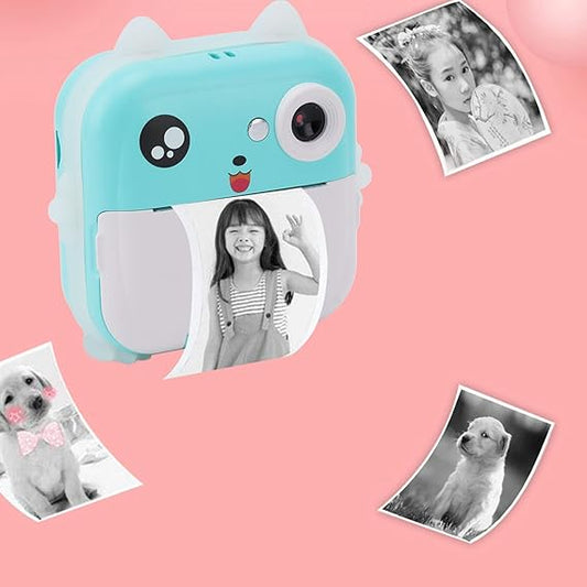 BROLEO Child Selfie Camera Toy, Automatic Focusing Children Digital Print Camera with 3 Rolls Print Paper for Gift (Turquoise)