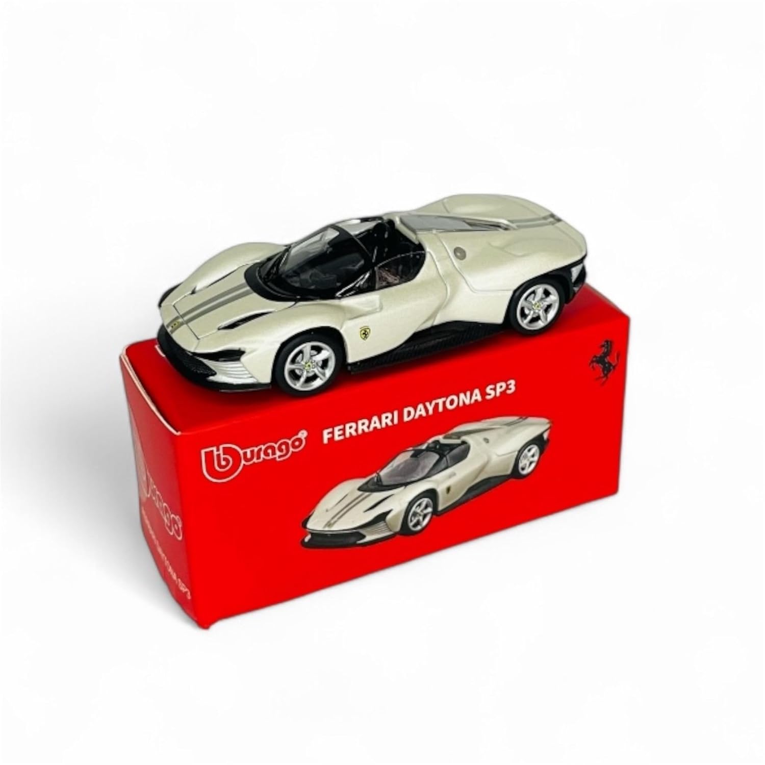 Bburago Ferrari Daytona SP3 White diecast model on red display box Cocoland Toys