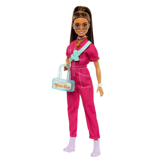 Doll in Trendy Pink Jumpsuit with Storytelling Accessories and Pet Puppy, Brown Hair in High Ponytail