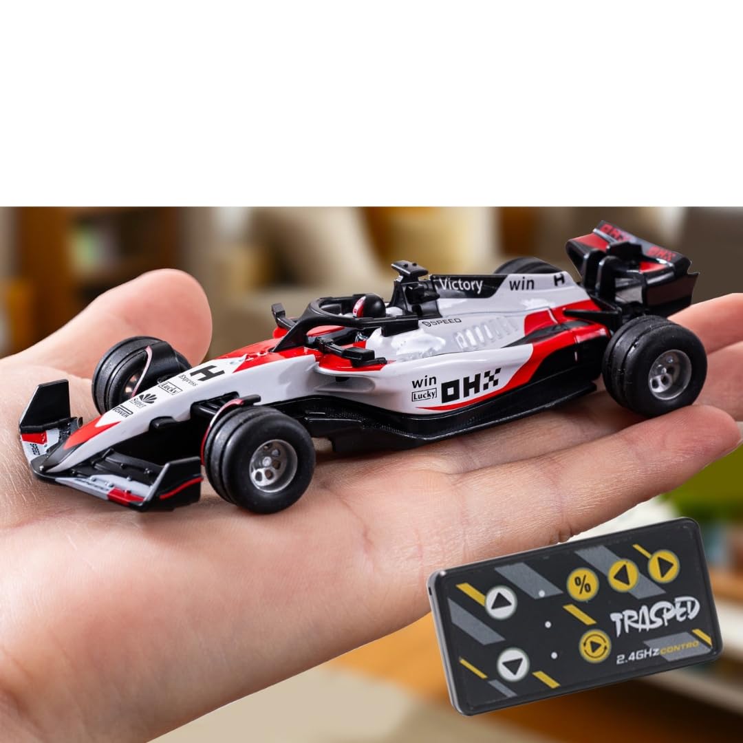 1:64 die-cast F1 RC car displayed on hand with remote controller Cocoland Toys