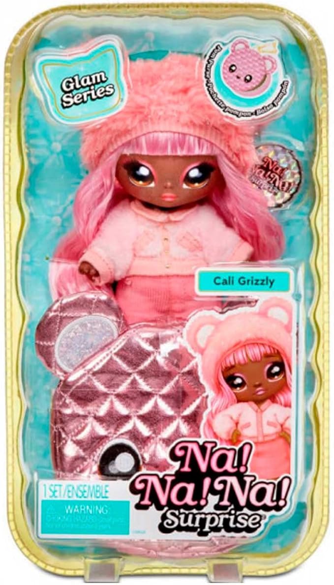Na! Na! Na! Surprise Glam Series Cali Grizzly Fashion Doll and Metallic Bear Purse, Pink Hair, Cute Fuzzy Hat Outfit & Accessories