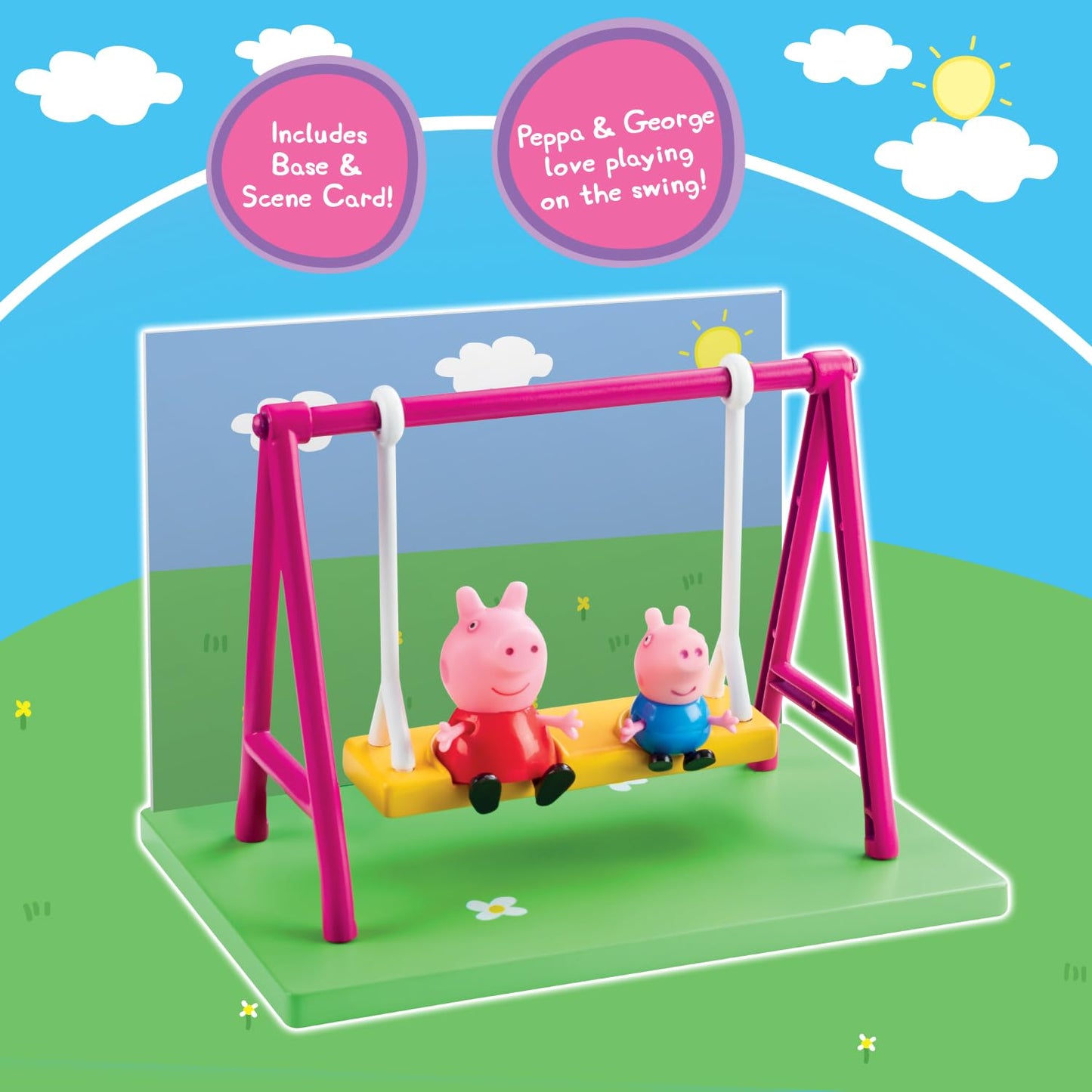 PEPPA PIG Playground Swing Themed Preschool Toy and George, Includes 2 Poseable Figures, Playset Playground Swing Accessory and Scene Cards, for Girls and Boys Ages 3+