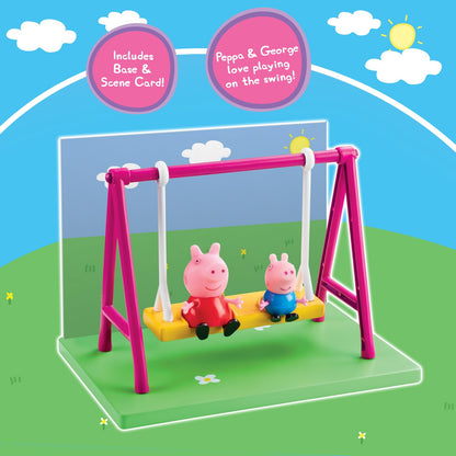 PEPPA PIG Playground Swing Themed Preschool Toy and George, Includes 2 Poseable Figures, Playset Playground Swing Accessory and Scene Cards, for Girls and Boys Ages 3+