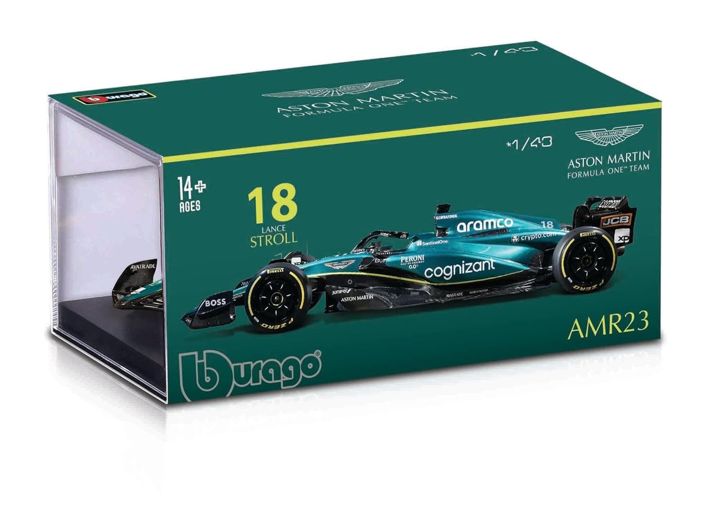 Bburago - 1/43 Scale Model Compatible with Aston Martin AMR23 F1# 18 Compatible with Lance Stroll 2023 Racing Car Miniature Model