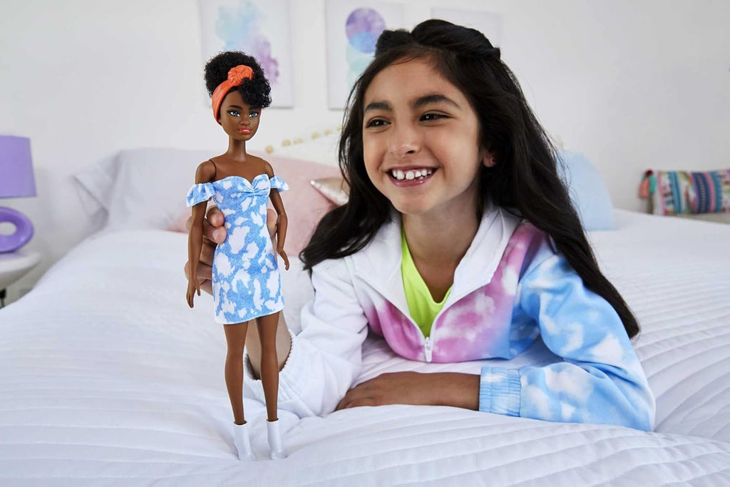 Barbie Fashionistas Doll #185, Black Up-do Hair, Off-shoulder Bleached Denim Dress, Orange Bandana, White Boots