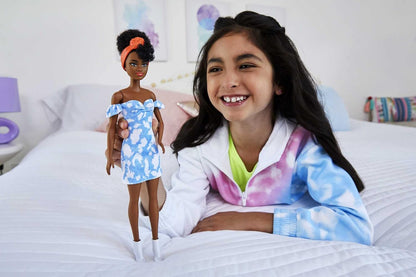 Barbie Fashionistas Doll #185, Black Up-do Hair, Off-shoulder Bleached Denim Dress, Orange Bandana, White Boots