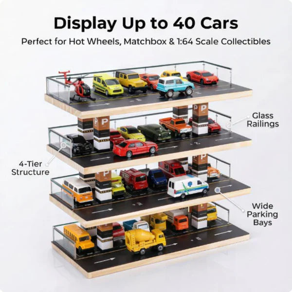 Cocoland Toys 4-level toy car parking garage playset displaying diecast cars