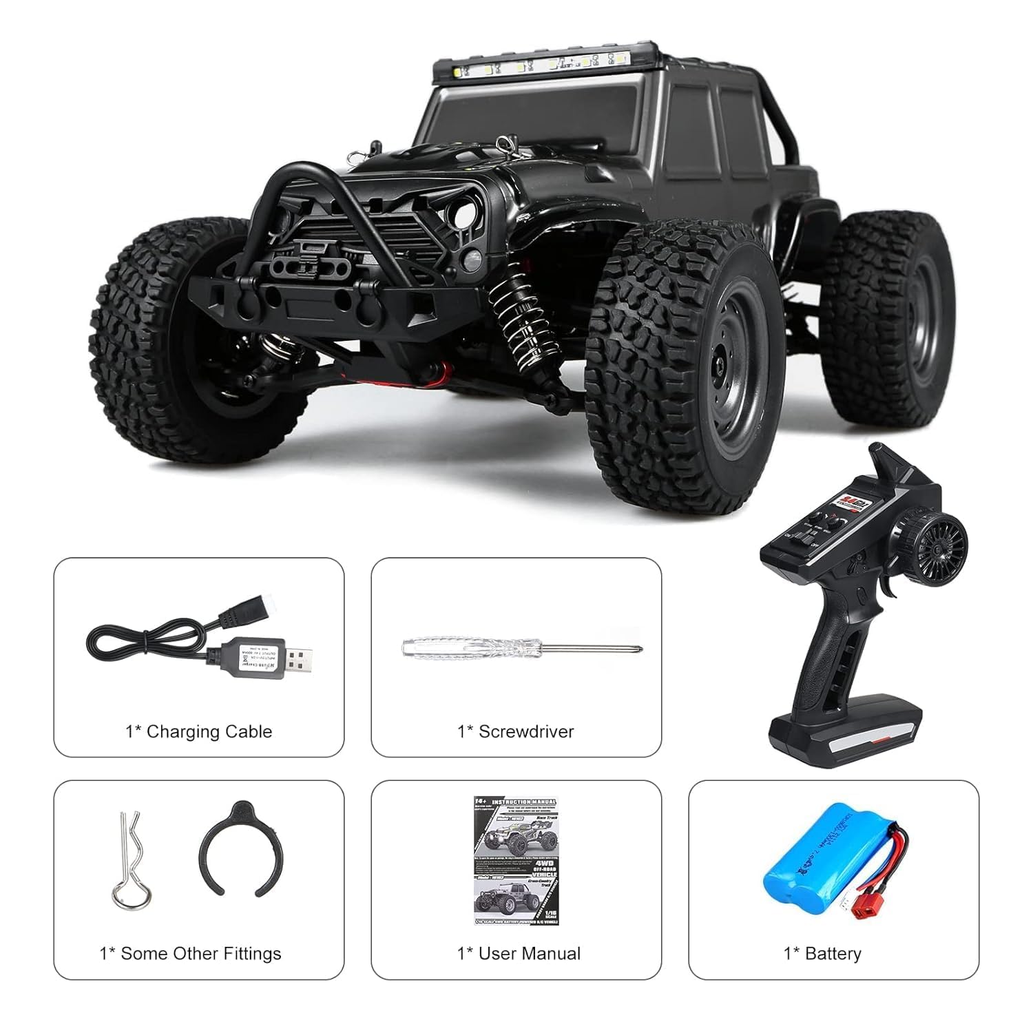 Gantry 1:16 4x4 2.4G Remote Control Off-Road Truck – 38Km/h High Speed Electric RC Car Toy with LED Lights, 4x4 All-Terrain Vehicle for Kids & Adults, Durable Racing and Off-Road Adventure Truck (Black)