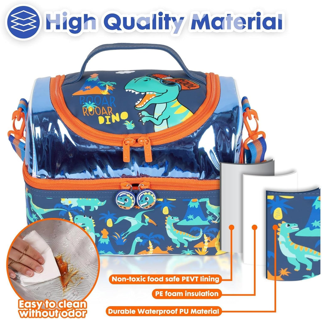 Multi Compartment Dual Slot Lunch Bag Double Insulated Tiffin Lunch Bag with Multi Zipper Pockets for School (Rooar Dino)