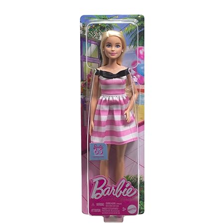 Barbie Doll with Blonde Hair, Pink and White Striped Dress with Matching Heels