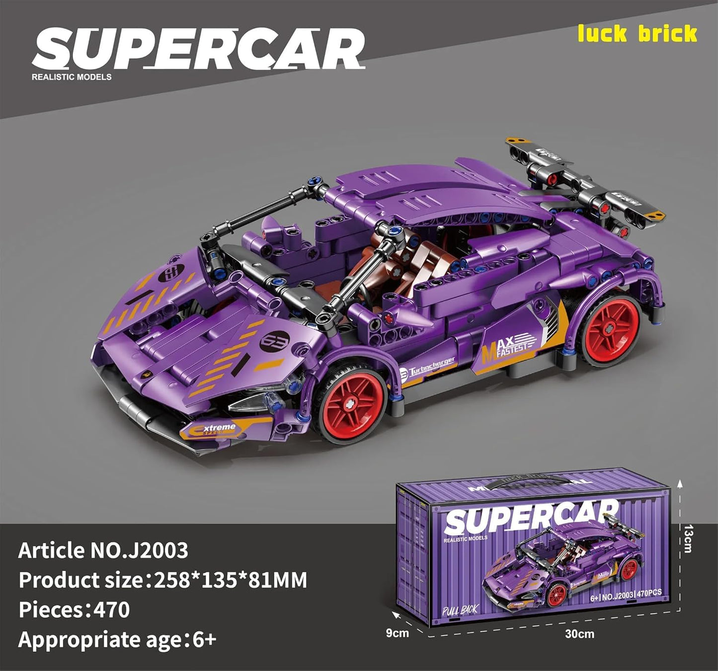 1:18 Scale Pull-Back Racing Car Building Block Set, designed to resemble a supercar.