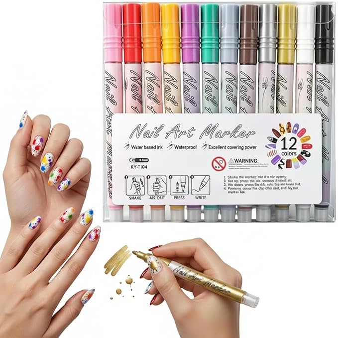 Nail Art Markers 0.7mm Nail Art Pens Set 12 Colors for DIY Painting Nails, Drawing