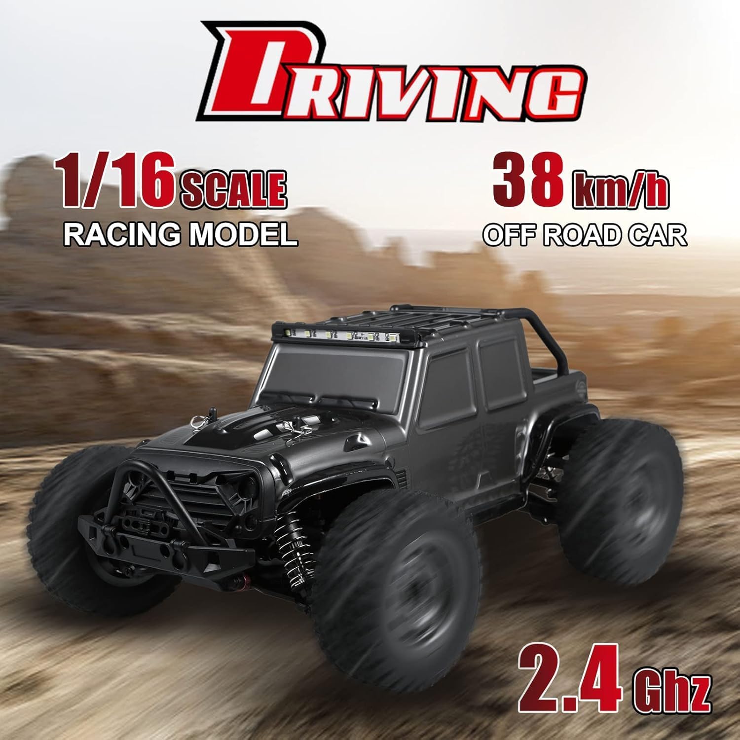 Gantry 1:16 4x4 2.4G Remote Control Off-Road Truck – 38Km/h High Speed Electric RC Car Toy with LED Lights, 4x4 All-Terrain Vehicle for Kids & Adults, Durable Racing and Off-Road Adventure Truck (Black)