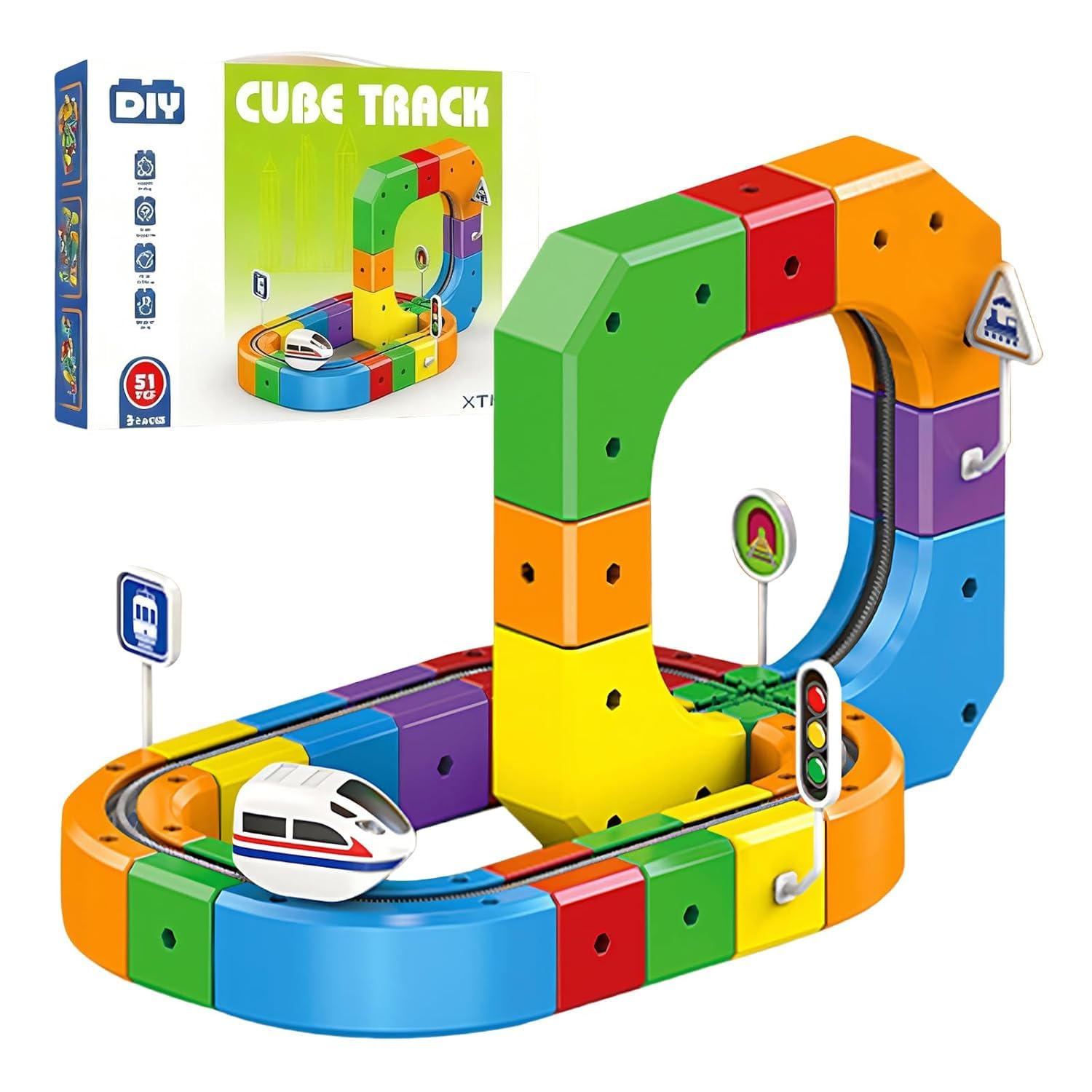 DIY Cube Track Magic Rail Train Set,Educational Building Track Toy for Kids Ages 3+(51 Pcs Block Set)