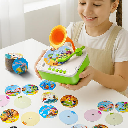 yimido Kids Phonograph Toddler Record Player， with 96 Learning Cards, Early Education Machine Record Player Music Box Storyteller pop Speakers, Gift for Boys and Girls