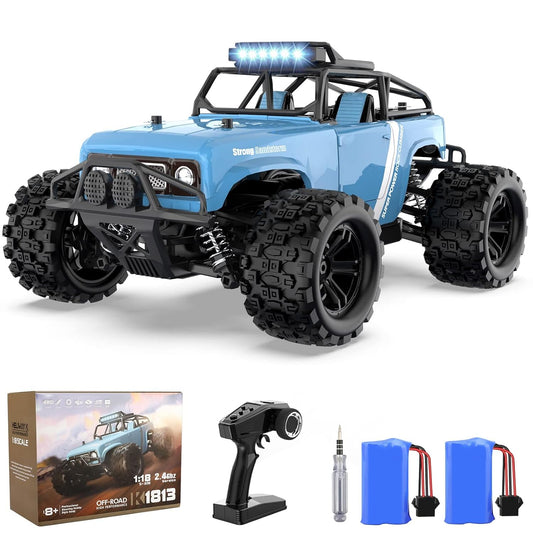 1:18 Scale Remote Control Car, 40 KM/H High-Speed Monster Truck for Boys Adults, LED Light 4WD All Terrain RC Truck with 2.4 GHz Remote Control, 4x4 Waterproof Off-Road Truck with 2 Batteries