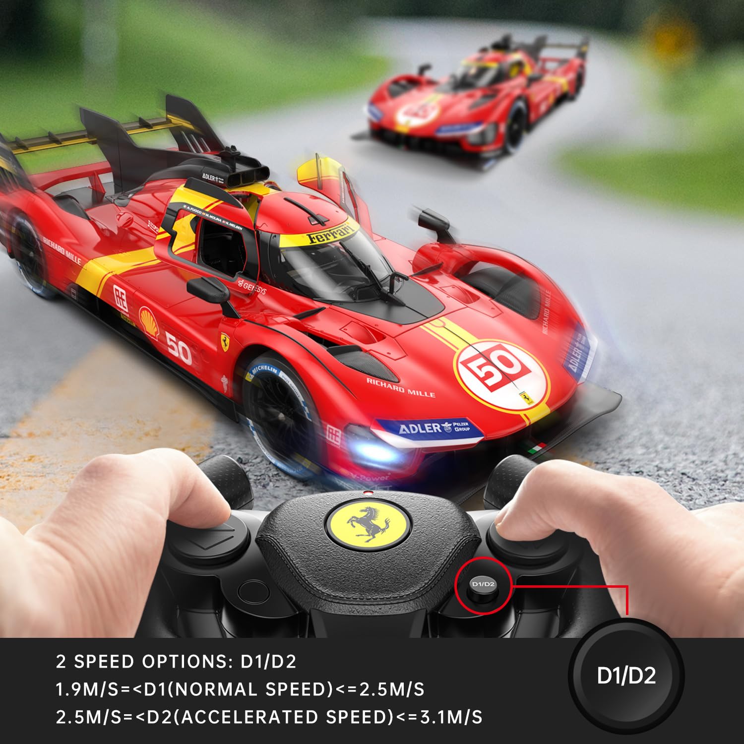 RASTAR Ferrari 499P remote control car being driven with steering wheel controller Cocoland Toys