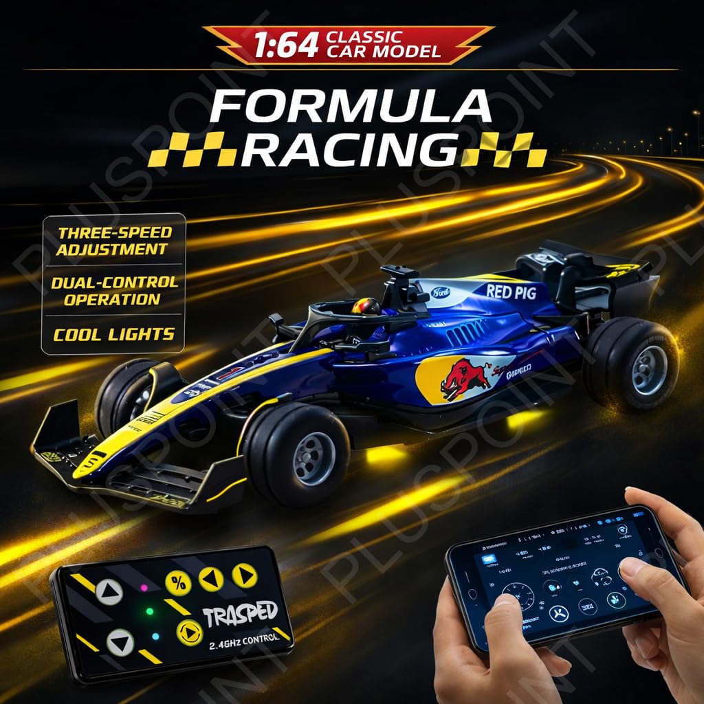 1:64 Die-cast Metal F1 RC Mini Racing car with LED Lights | 2.4GHz Remote Control Car | 3 Speed Adjustable, USB Rechargeable Alloy RC Car for Kids & Adults Indoor/Outdoor Racing