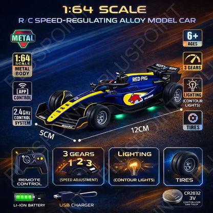 1:64 Die-cast Metal F1 RC Mini Racing car with LED Lights | 2.4GHz Remote Control Car | 3 Speed Adjustable, USB Rechargeable Alloy RC Car for Kids & Adults Indoor/Outdoor Racing