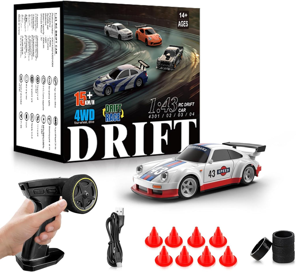 RC Drift Car, 1/43 Mini RC Drift Car with Gyroscope, 2.4GHz Full Proportional Remote Control Cars, 4WD High Speed Racing with Lights, Racing Tires, Model Cars Gift for Adults, Kids, Boys, Girls