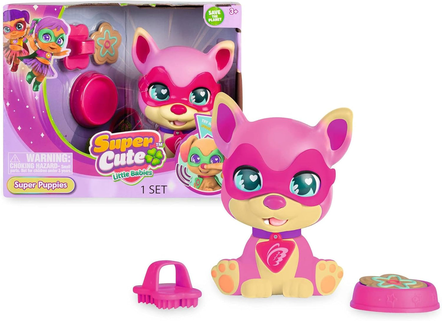 SUPER CUTE LITTLE BABIES - Super Puppies, SuperCute, Super Hero Pets, Interactive Small Dogs, with Sounds, Dining Dish and Comb, Coat and Anti-Face, Famous
