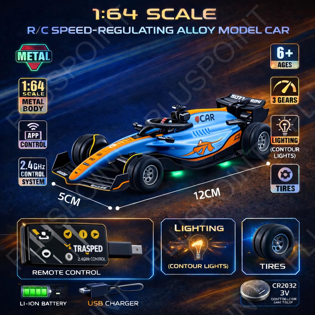 1:64 Diecast Metal F1 RC Mini Racing car with LED Lights | 2.4GHz Remote Control Car | 3 Speed Adjustable, USB Rechargeable Alloy RC Car for Kids & Adults Indoor/Outdoor Racing