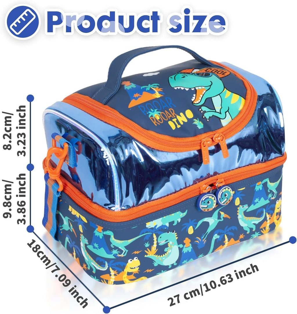 Multi Compartment Dual Slot Lunch Bag Double Insulated Tiffin Lunch Bag with Multi Zipper Pockets for School (Rooar Dino)