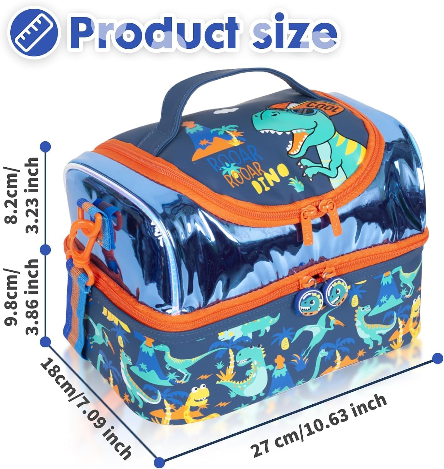 Multi Compartment Dual Slot Lunch Bag Double Insulated Tiffin Lunch Bag with Multi Zipper Pockets for School (Rooar Dino)